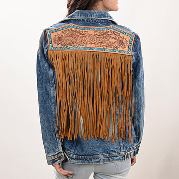 ADJKT019 Genuine leather Hand tooled hand carved Women 100% cotton Denim jacket dress ladies girl